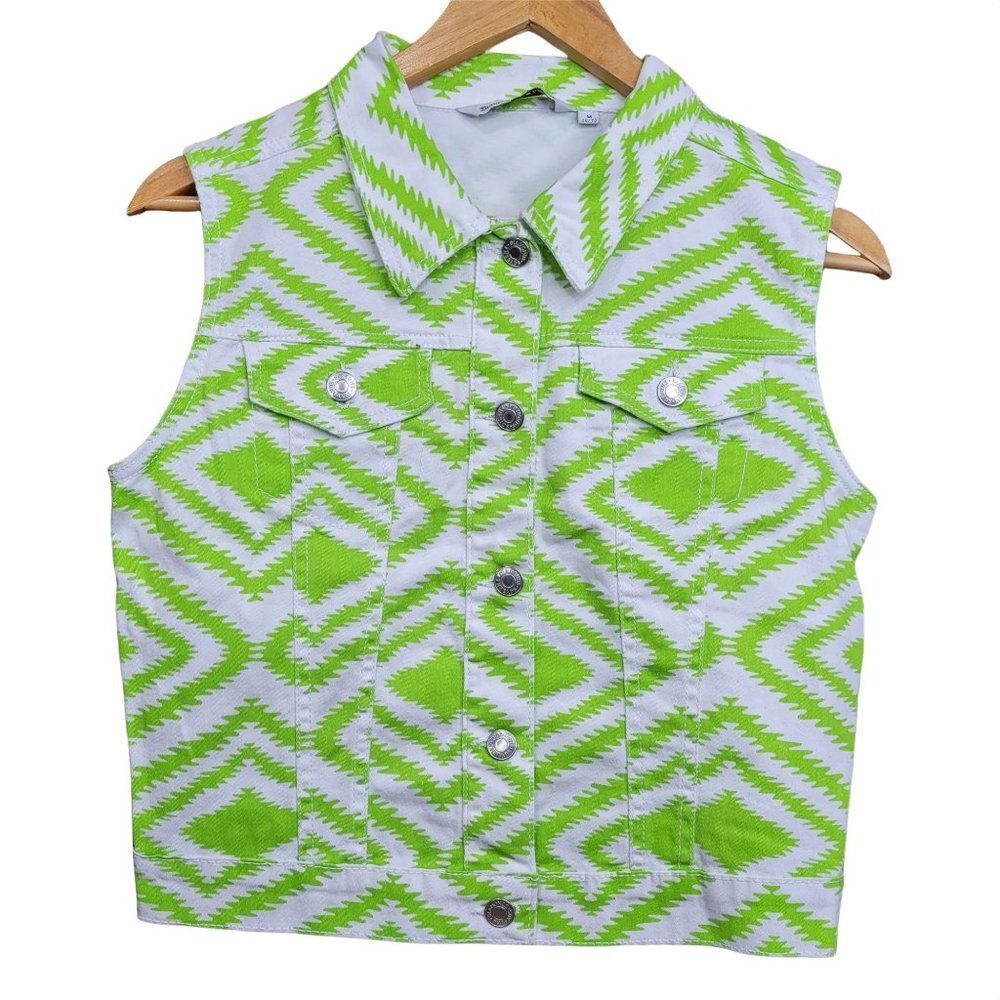 NEW DENIM VEST LIME PUNCH BUTTON SLEEVELESS JEAN JACKET SZ